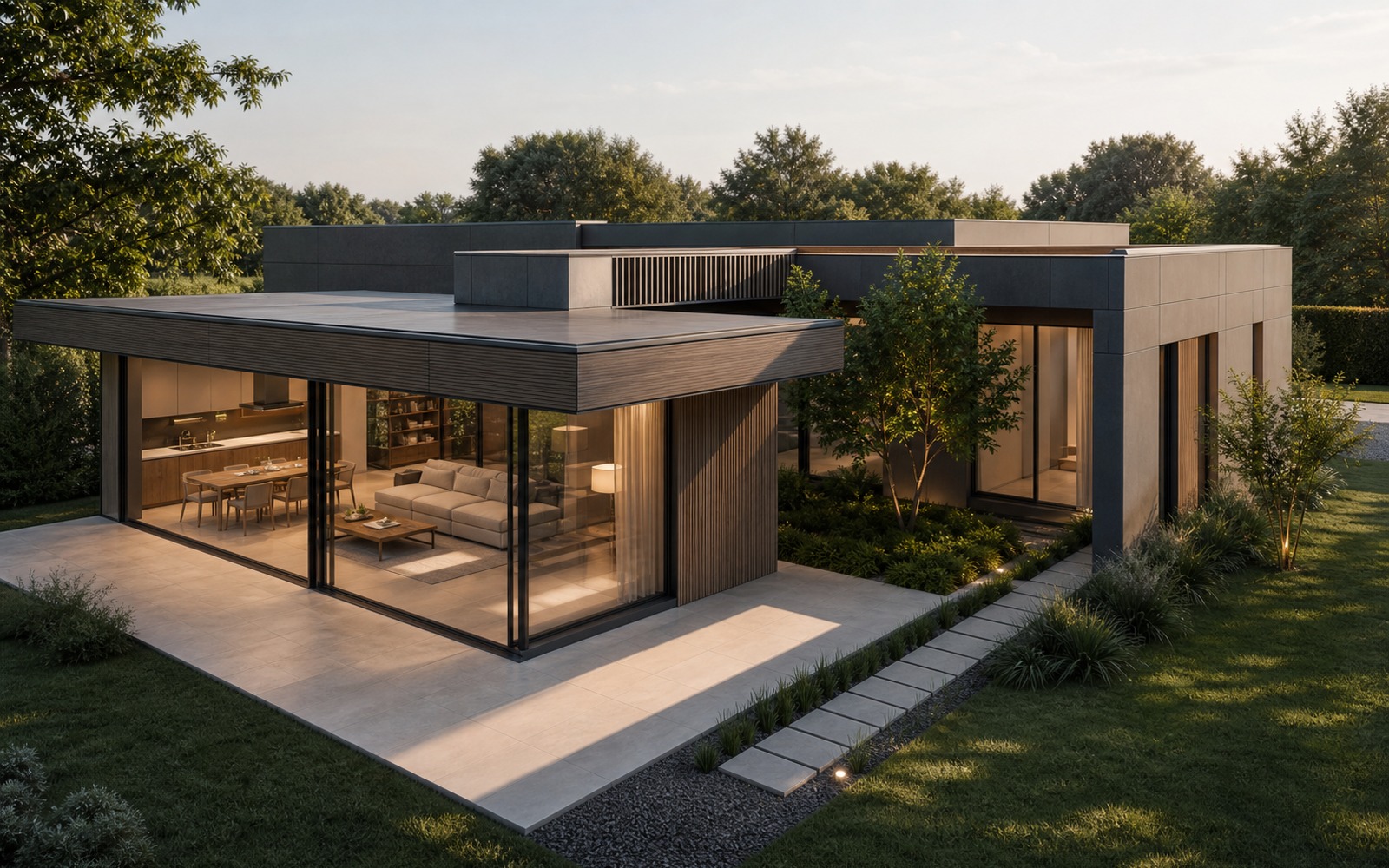 Concept Corte Verde Benedetti Group con living aperto sul giardino e patio protetto nella zona notte.