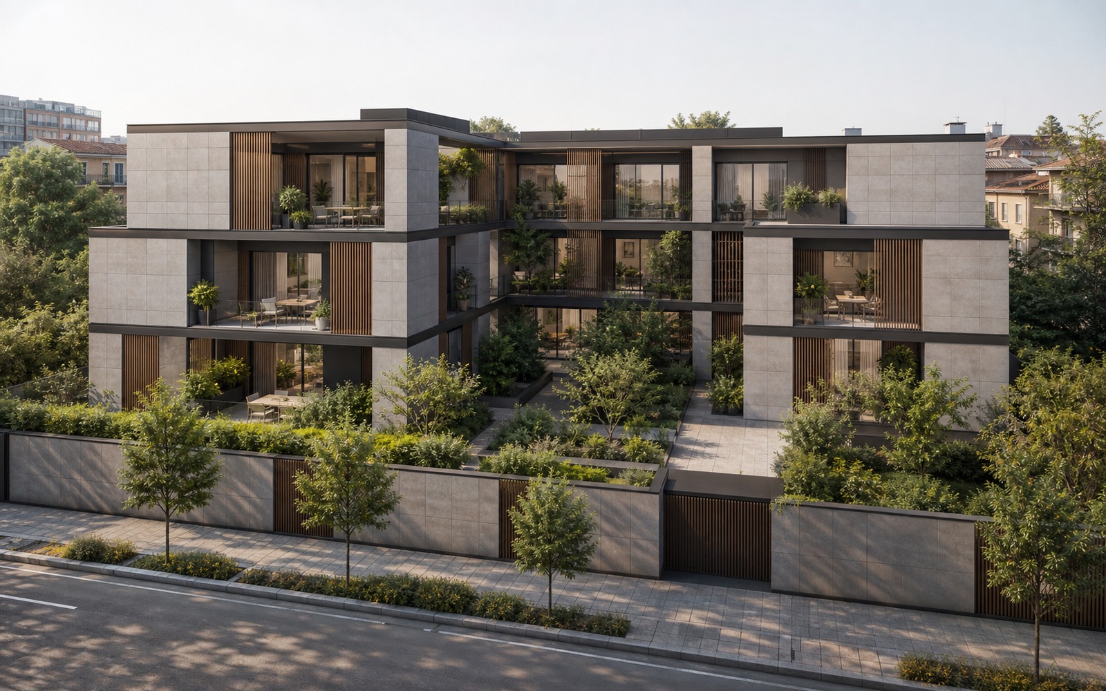 Concept Living Urbano Benedetti Group con edificio residenziale, corti verdi e logge integrate.