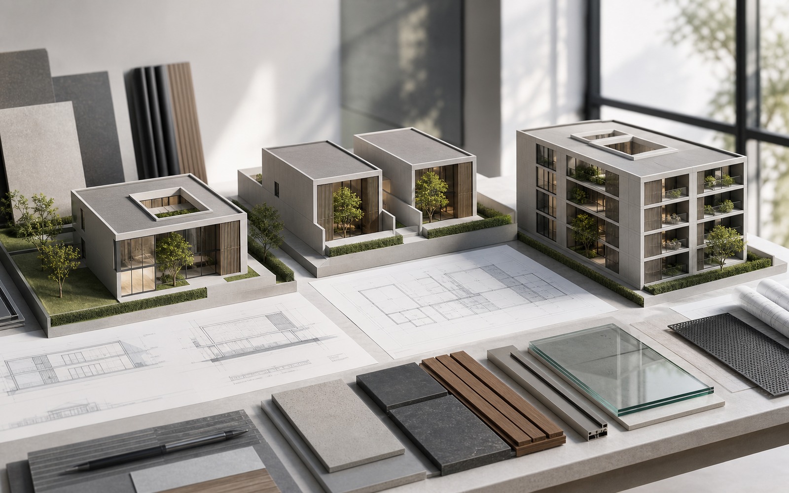 Modelli architettonici dei concept Benedetti Group con corti verdi, materiali durevoli e tavole tecniche.