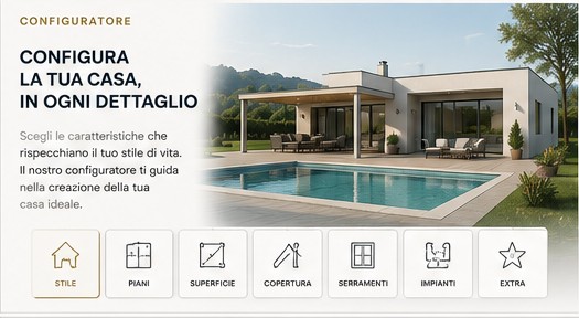 Configuratore Benedetti per personalizzare la casa Illustrazione del configuratore Benedetti con casa personalizzabile e scelte guidate.