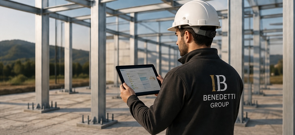 Controllo qualita' in cantiere Tecnico Benedetti Group in cantiere con tablet durante il controllo di una struttura in acciaio.