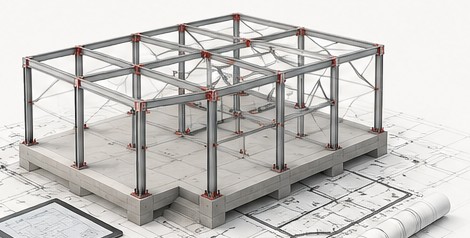 Verifica tecnica su struttura tridimensionale Struttura tridimensionale in acciaio appoggiata su tavole progettuali per analisi e verifica tecnica.