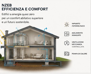Casa NZEB sezionata con impianti e flussi energetici Casa NZEB sezionata con flussi energetici, VMC, pompa di calore e involucro ad alte prestazioni.