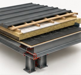 Copertura efficiente ventilata Sezione di copertura efficiente con isolamento, ventilazione e struttura metallica.