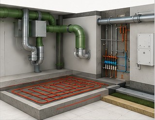 Impianti integrati per casa ad alte prestazioni Locale tecnico con impianti integrati, distribuzione idronica e sistemi energetici domestici.