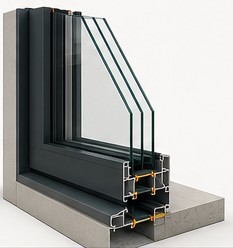 Serramenti performanti Sezione di serramento performante con vetro stratificato, profilo tecnico e taglio termico.