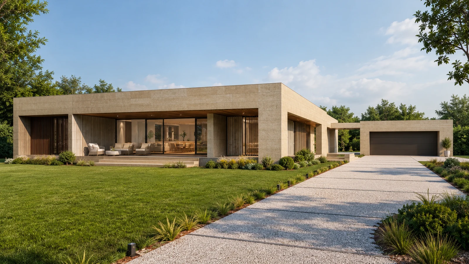 Casa Benedetti N1, villa monopiano contemporanea con patio e garage configurabile.